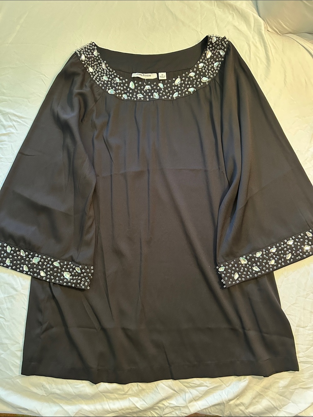 Joan Rivers Black Top Tunic Jeweled Collar Cuffs 3/4 Sleeves Relaxed SZ M